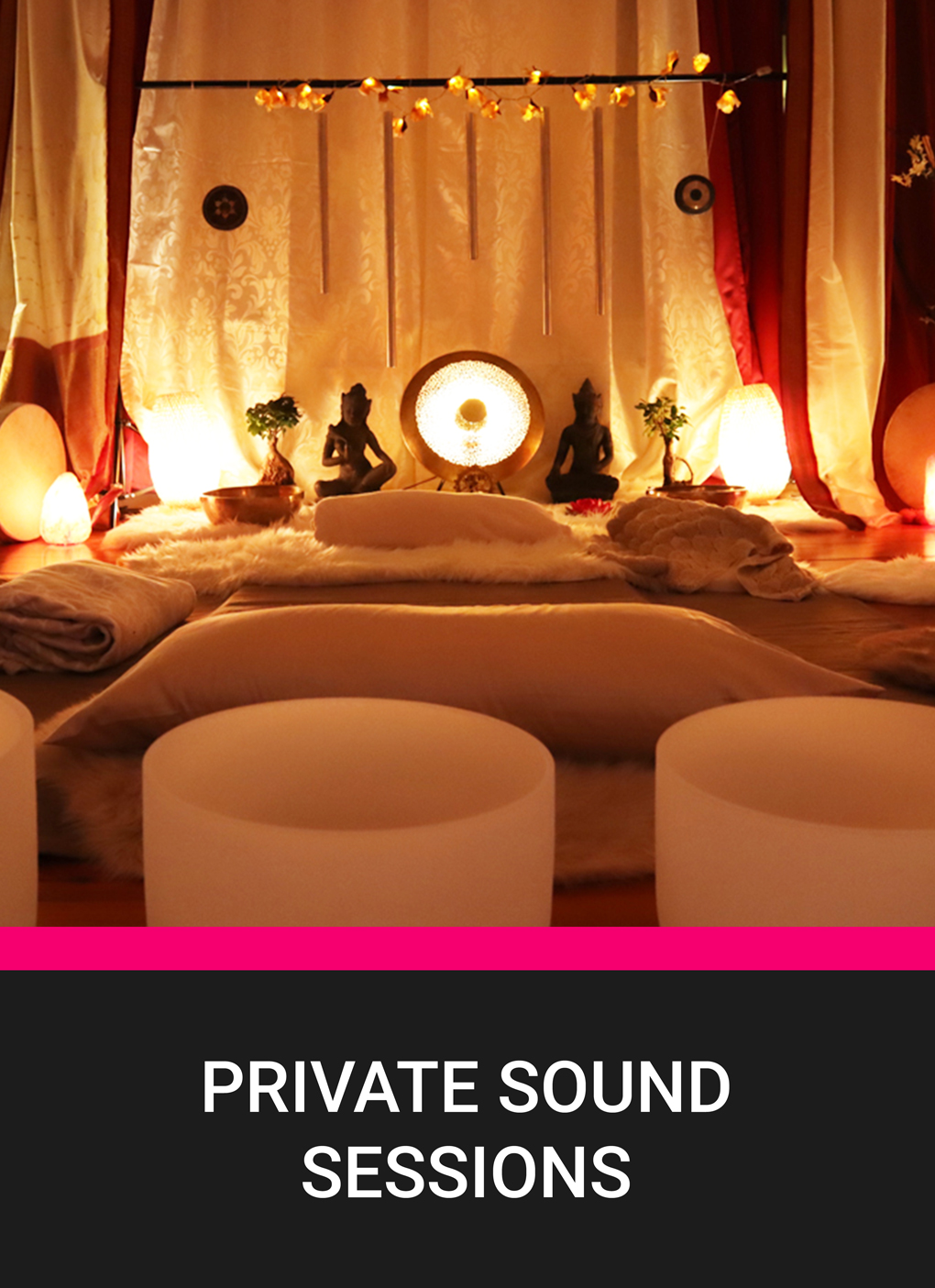 A warm, intimate space set up for by Mallika for a private sound session, featuring soft lighting, sacred statues, cozy cushions, and crystal singing bowls.