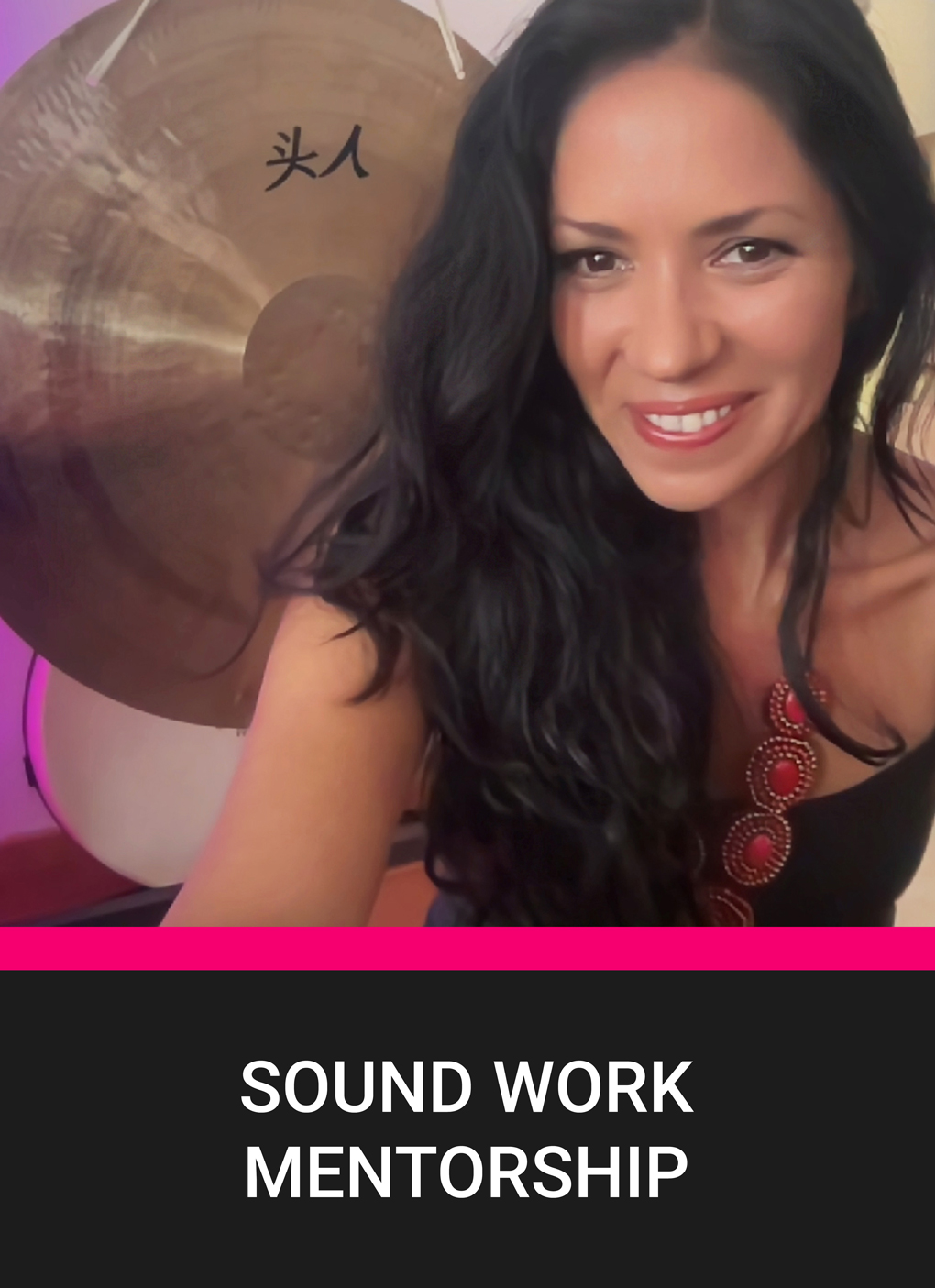 Mallika poses in front of a large gong, representing sound work mentorship and guidance in sound healing practices.